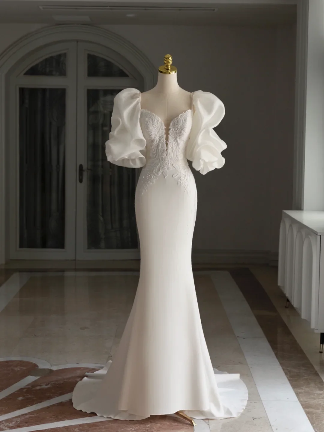 Retro Mermaid Sweetheart 3/4 Sleeves Satin Wedding Dress With Lace Wedding Dresses Modest Wedding Gowns DH1296 - Deanwangkt