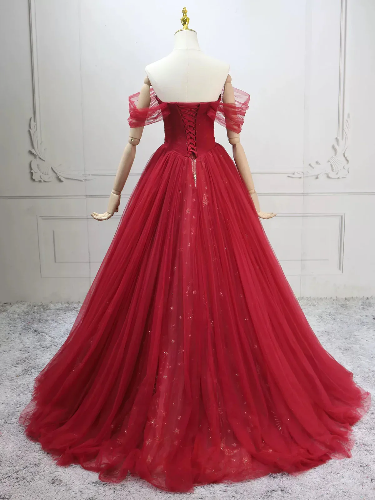 Elegant Off-Shoulder A-Line Tulle Long Prom Dresses, Burgundy Formal Evening Dresses DP3161 - Deanwangkt
