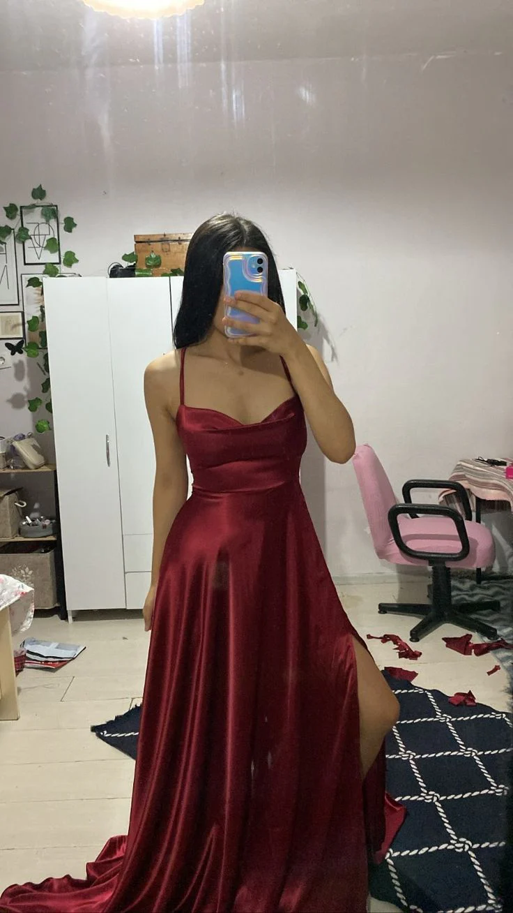 Elegant A Line Spaghetti Straps Burgundy Satin Sleeveless Long Evening Party Gowns Slit Evening Dress Special Formal Dresses Prom Dress DH227 - Deanwangkt