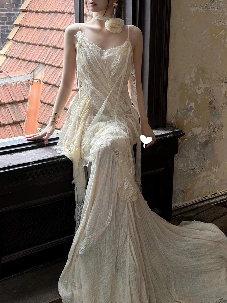 Vintage Wedding Dress A Line Spaghetti Straps Ivory Summer Beach Long Wedding Dresses Bridal Gowns W0800 - Deanwangkt