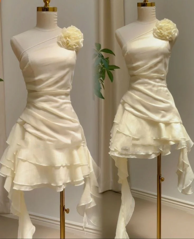 Cute A line One Shoulder White Chiffon Summer Homecoming Dress Hoco Dress Mini 16th Birthday Outfit Cocktail Dresses DP2090 - Deanwangkt