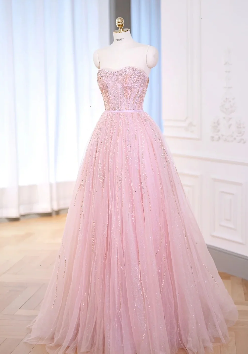 Pretty Ball Gown Sweetheart Tulle Pink Long Quinceanera Dress Formal Gowns Vestido De 15 Anos Sweet 16 Dress W0738 - Deanwangkt