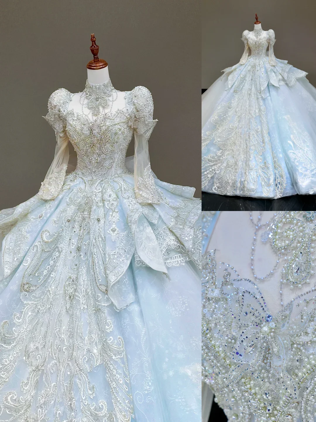 Princess Bridal Gown Ball Gown High Neckline Blue Sequin Beads Wedding Dresses Winter Bridal Gowns DP837 - Deanwangkt