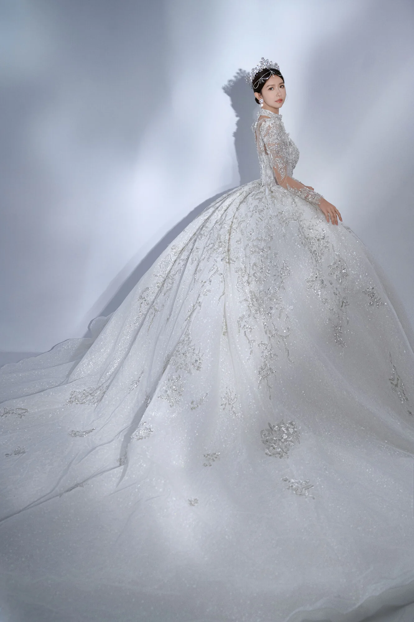 Elegant Sweetheart Neck Ball Gown Trailing Wedding Dresses Tulle Beaded White Bridal Gowns DP3300 - Deanwangkt