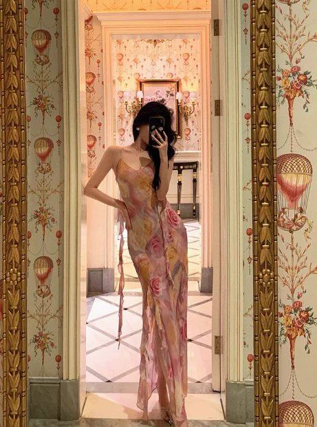 Classy Mermaid Pink Floral Chiffon Long 18th Birthday Dress Party Gown 21st Birthday Outfits Birthday Dress Ideas For Women DP601 - Deanwangkt