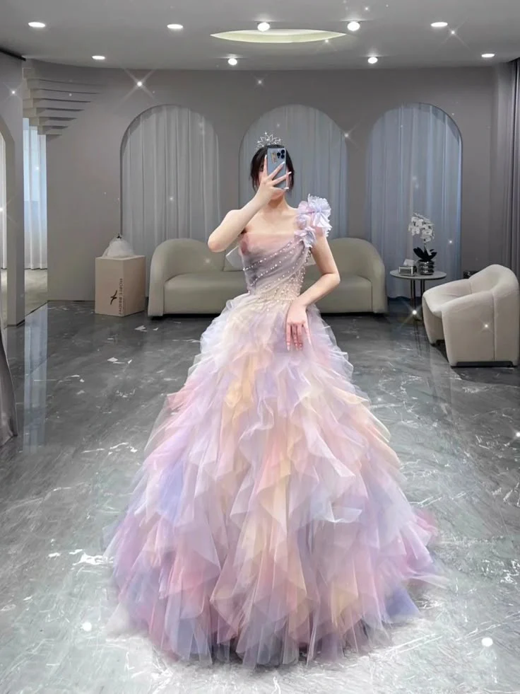 Pretty Ball Gown One Shoulder Lilac Tulle Long Quinceanera Dress Formal Short Sleeves Flowers Vestido De 15 Anos W0277 - Deanwangkt
