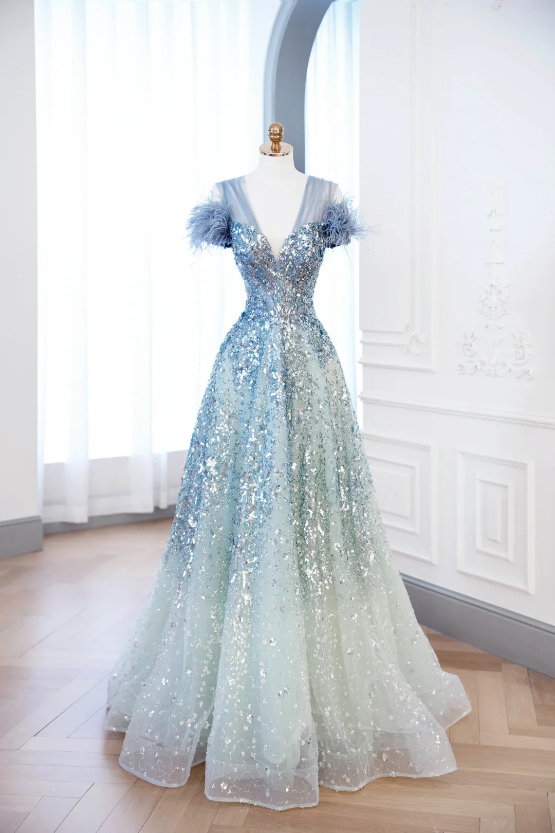 Elegant Glamour Ball Gown V Neckline Tulle Green Blue Prom Dress Party Dress Evening Dresses DP899 - Deanwangkt