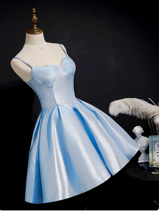 Simple A line Spaghetti Straps Blue Satin Formal 8th Grade Homecoming Dresses Middle School Short Birthday Gowns Graduation Dress Hoco Outfits DH1997 - Deanwangkt