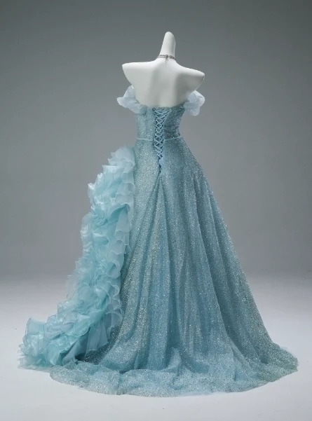 Stunning Off-the-Shoulder Ball Gown Tiered Sequined Mesh Flower Long Quinceanera Dress Blue Formal Gowns Vestido De 15 Anos Sweet 16 Dress DP2849 - Deanwangkt