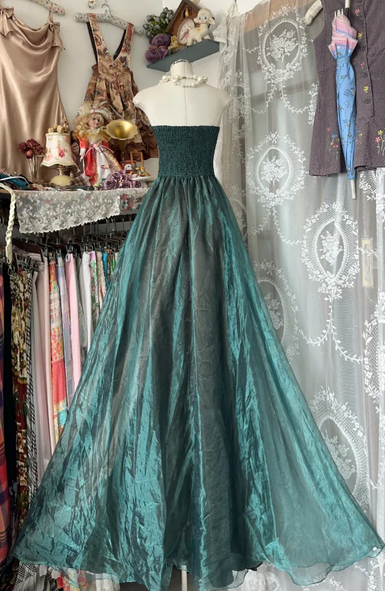 Sexy Strapless Sheath Long Prom Dresses Tulle Sleeveless Green Evening Dresses DP3929 - Deanwangkt