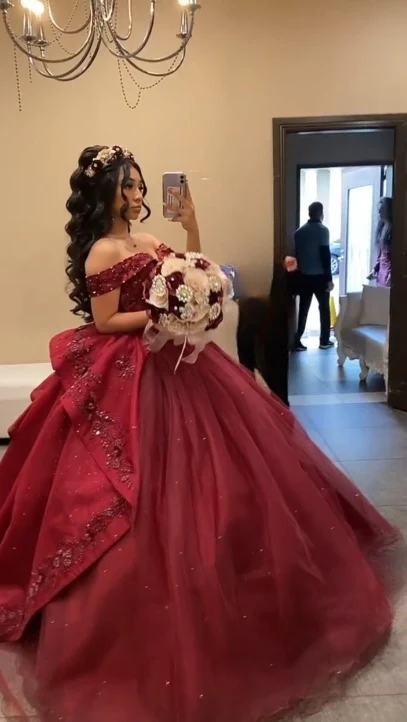 Sweet Burgundy Applique Ball Gowns Tulle Off-the-shoulder Long Quinceanera Dress Glitter Formal Dress DH2694 - Deanwangkt