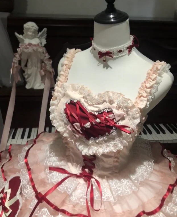 Sweet Spaghetti Strap Ball Gown Lace Tulle Birthday Dresses Red Lolita Dresses DP3057 - Deanwangkt