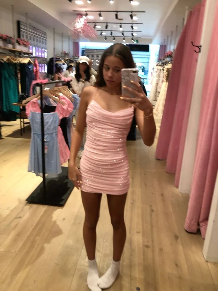 Modest Sheath Spaghetti Straps Blush Pink Sequin Short Formal Homecoming Dress Middle School Short 18th Birthday Outfits Graduation Dress Cocktail Dresses DH2247 - Deanwangkt