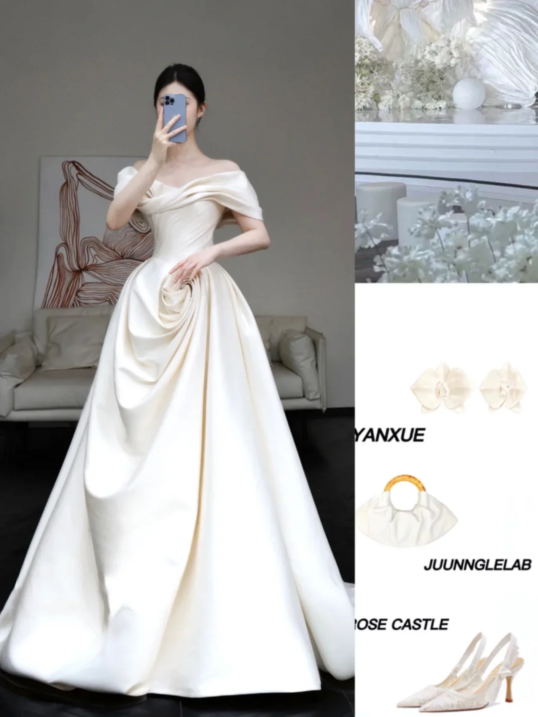 Classy Elegant A Line Off The Shoulder White Satin Long Wedding Dress Brides Dress DP649 - Deanwangkt