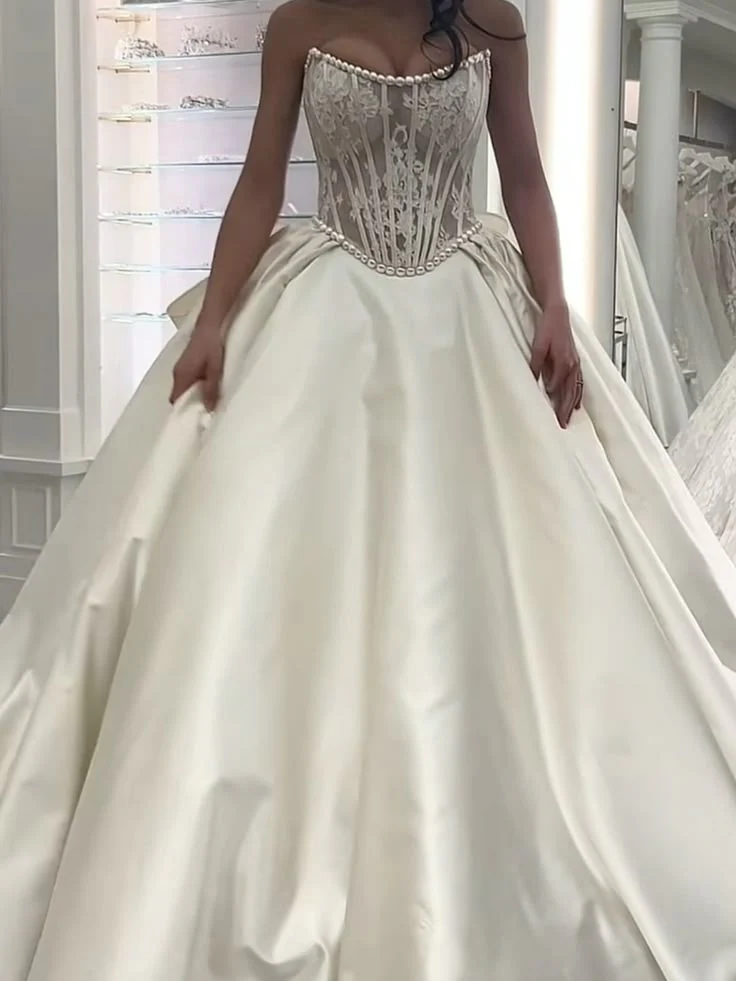 Ethereal Wedding Dress Ball Gown Strapless Lace Long White Wedding Dresses Bridal Gowns DH857 - Deanwangkt