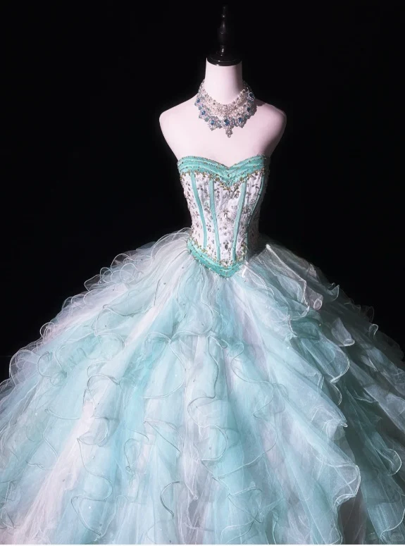 Cute Sweetheart Neck Ball Gown Tulle Long Prom Dresses Mint Green Quinceanera Dresses Sleeveless Sweet 16 Dresses DP3269 - Deanwangkt