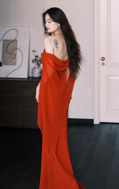 Chic Off-the-shoulder Sheath Long Prom Dresses Chiffon Wine Red Evening Dresses DP3313 - Deanwangkt