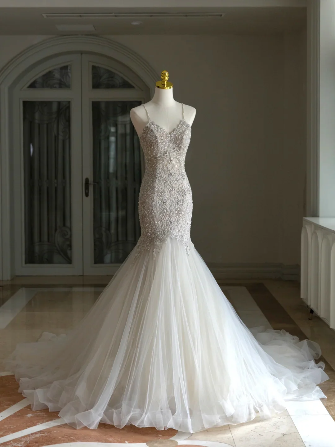 Luxury Mermaid Spaghetti Straps Lace White Wedding Dress Modest Wedding Dresses Princess Wedding Gowns DH1556 - Deanwangkt