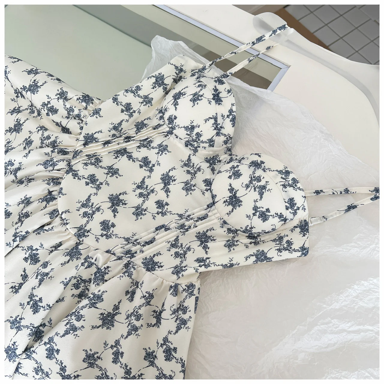 Cute A line Spaghetti Straps Blue Floral Chiffon Short Summer Dress Holiday Party Birthday Outfits DP0146 - Deanwangkt