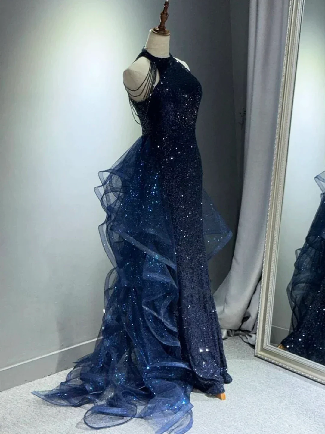 Pretty Navy Blue Sequins Long Prom Party Dress Prom Dress Evening Dresses DP309 - Deanwangkt