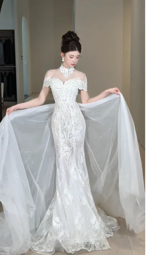 Timeless Mermaid Long Wedding Dresses, Short-sleeved White Bridal Gowns, Lace Bridal Dresses DP3976 - Deanwangkt