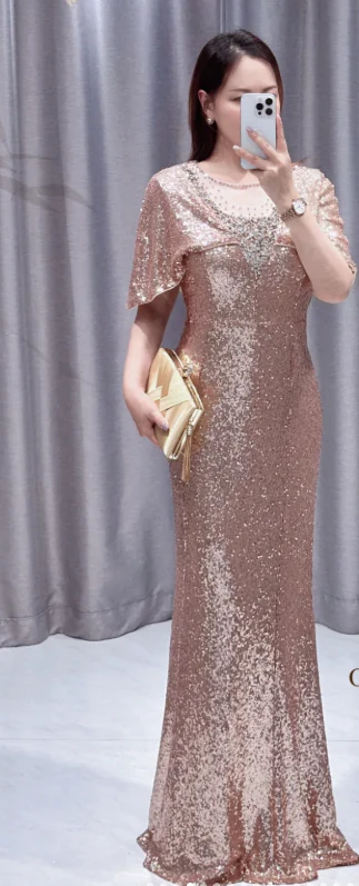Elegant Rose Gold Mermaid Jewel Mother of the Bride Dress Sequins Long Evening Gown with Shawl DP2875 - Deanwangkt