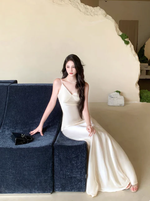 Elegant Sheath White Long Prom Dresses Spaghetti Strap Satin White Evening Dresses DP03957 - Deanwangkt