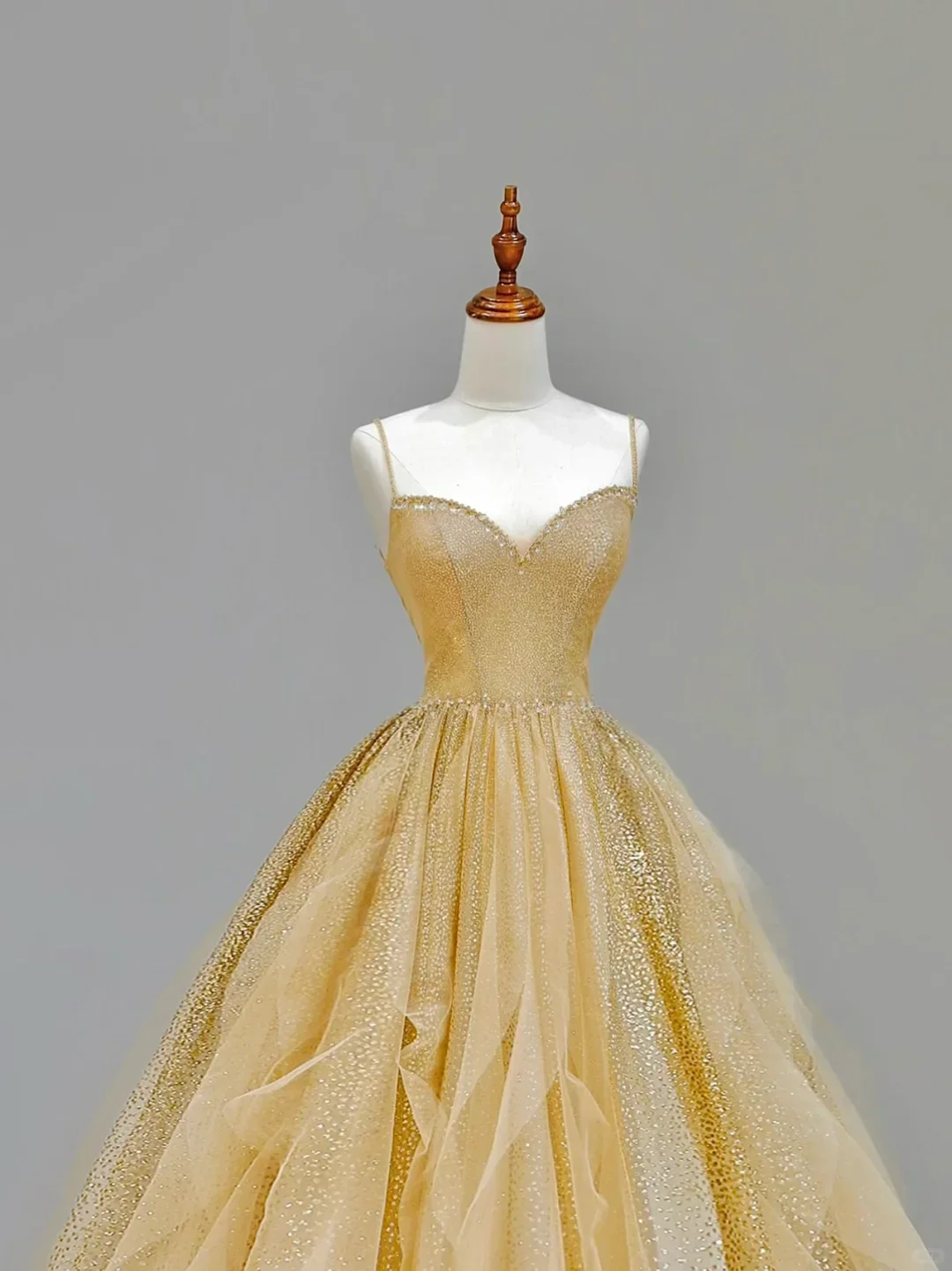 Elegant Glamour Ball Gown Spaghetti Straps Tulle Gold Long Prom Dress Party Dress Evening Dresses DP1538 - Deanwangkt