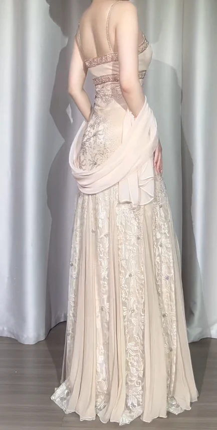 Vintage Spaghetti Straps Sheath Chiffon Long Prom Dresses, Light Champagne Formal Evening Dresses DP3163 - Deanwangkt