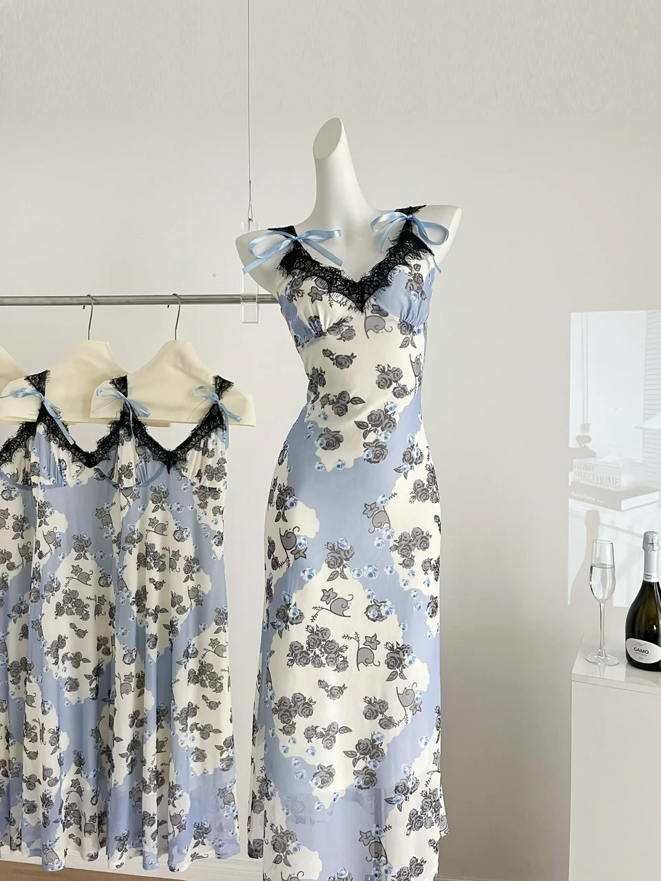 Sexy Sheath Straps Floral Blue Summer Dress Holiday Party Outfits For Women DP0112 - Deanwangkt