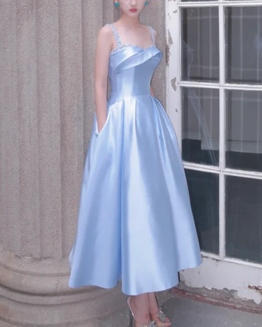 Elegant Spaghetti straps Sheath Satin Long Prom Dresses, Sky Blue Formal Evening Dresses DP3096 - Deanwangkt