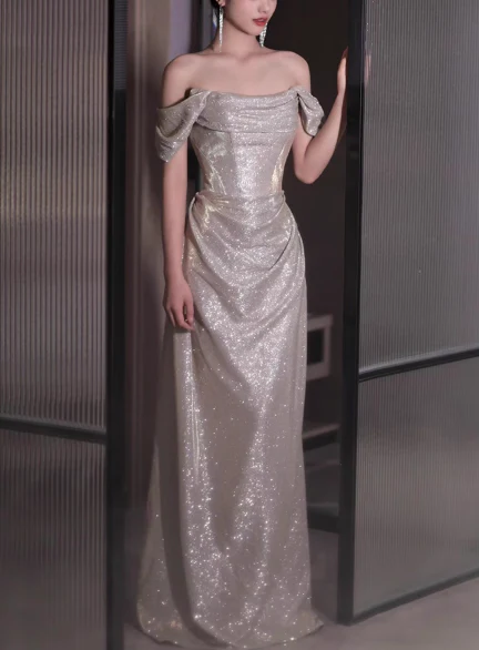 Modest Sheath Off-the-shoulder Long Evening Gowns Silver Glitter Special Formal Dresses Prom Dresses DP2776 - Deanwangkt