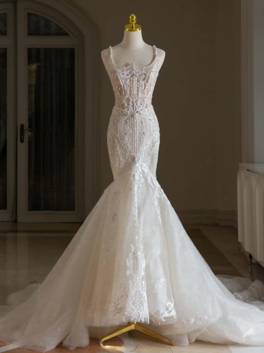 Classic Wedding Gown Bridal Dress Mermaid Square Neck Lace Tulle Wedding Dress Long Wedding Dresses Modest Wedding Gowns DH2072 - Deanwangkt