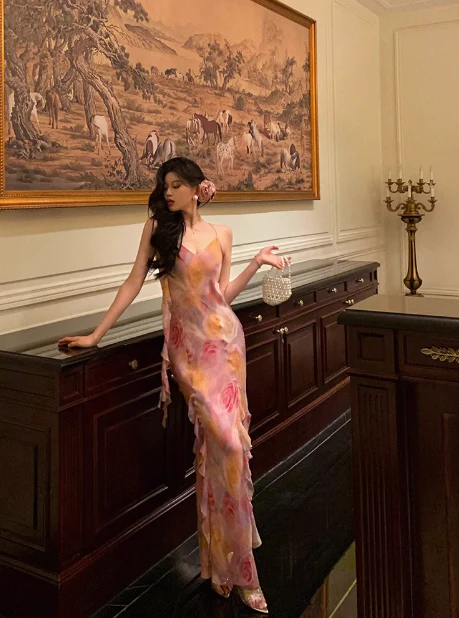 Classy Mermaid Pink Floral Chiffon Long 18th Birthday Dress Party Gown 21st Birthday Outfits Birthday Dress Ideas For Women DP601 - Deanwangkt