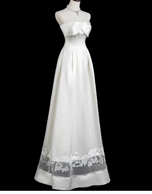 Modest A-Line Strapless Bridal Dress White Satin Long Wedding Dress Elegant Lace Applique Bridal Gowns DP2814 - Deanwangkt