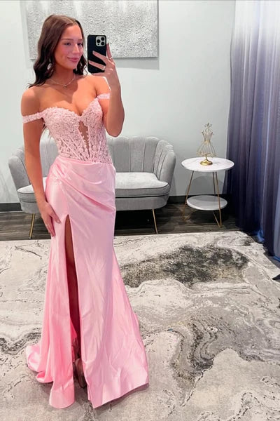 Pink Off-the-Shoulder Long Mermaid Prom Dress with Slit Graduation Dress DP480 - Deanwangkt