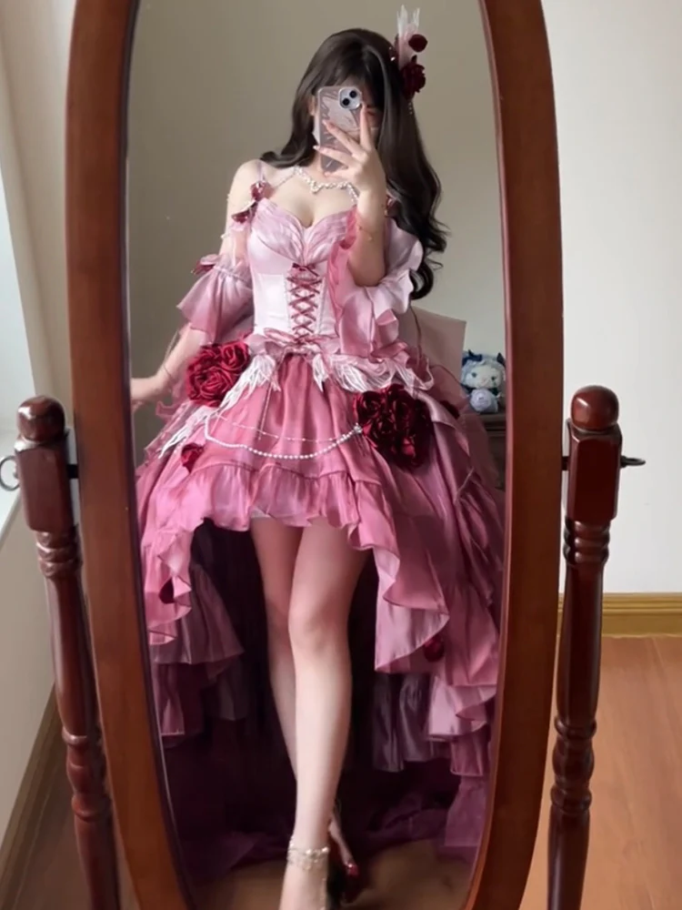 Vintage Ball Gown Spaghetti Straps Chiffon Summer 18th Birthday Dress High Low Ombre Pink Lolita Dress Birthday Outfits DH2415 - Deanwangkt