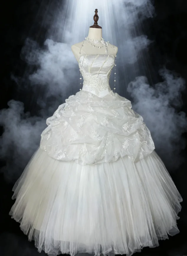 Vintage Strapless Ball Gown Long Wedding Dresses Tulle White Bridal Gowns Sleeveless Bridal Dresses DP3734 - Deanwangkt