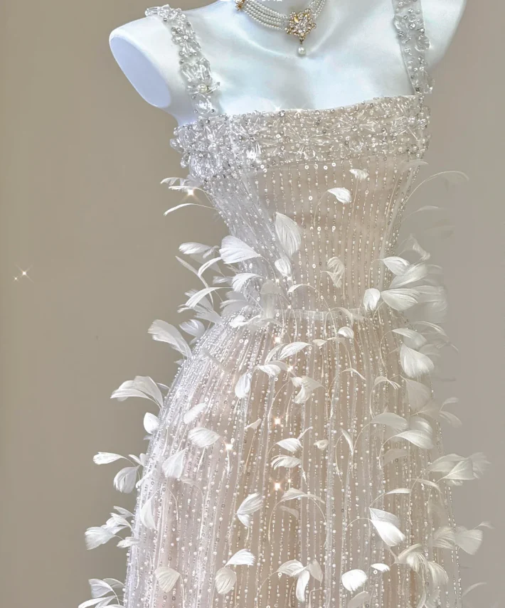 Classy A Line Square Neckline Champagne Tulle Long Prom Dresses P0003 - Deanwangkt