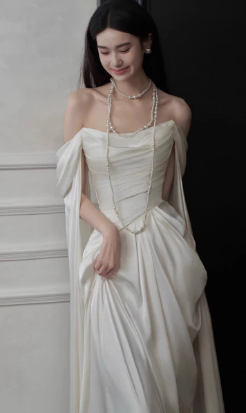 Ivory Off-shoulder Sheath Evening Gowns Simple Chiffon Formal Dresses Elegant Sleeveless Long Prom Dresses  DH2700 - Deanwangkt