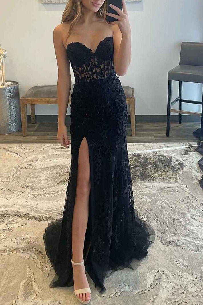 Pretty Mermaid Strapless Corset Lace Prom Dress with Slit DP295 - Deanwangkt