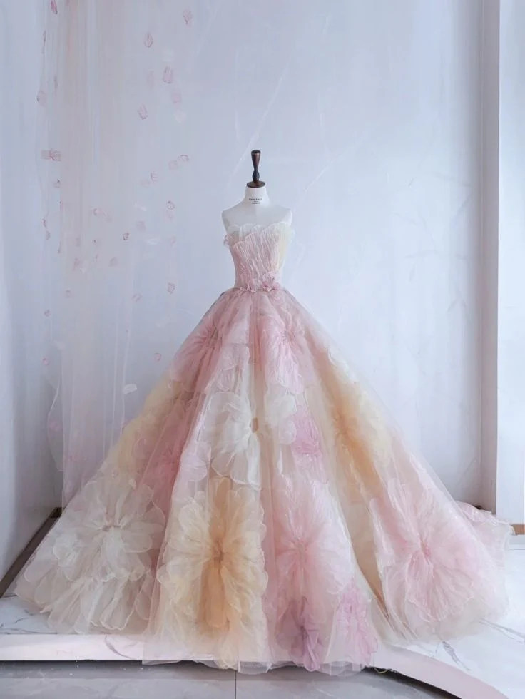 Pretty Ball Gown Sweetheart Pink Flowers Tulle Long Quinceanera Dress Formal Short Sleeves Flowers Vestido De 15 Anos Sweet 16 Dress W0284 - Deanwangkt