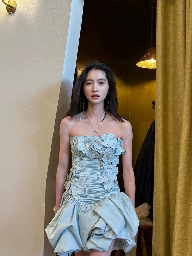 Sexy Sheath Strapless Blue Flowers Short Homecoming Dress Summer Hoco Dresses Cocktail Dress 18th Birthday Outfits W0753 - Deanwangkt