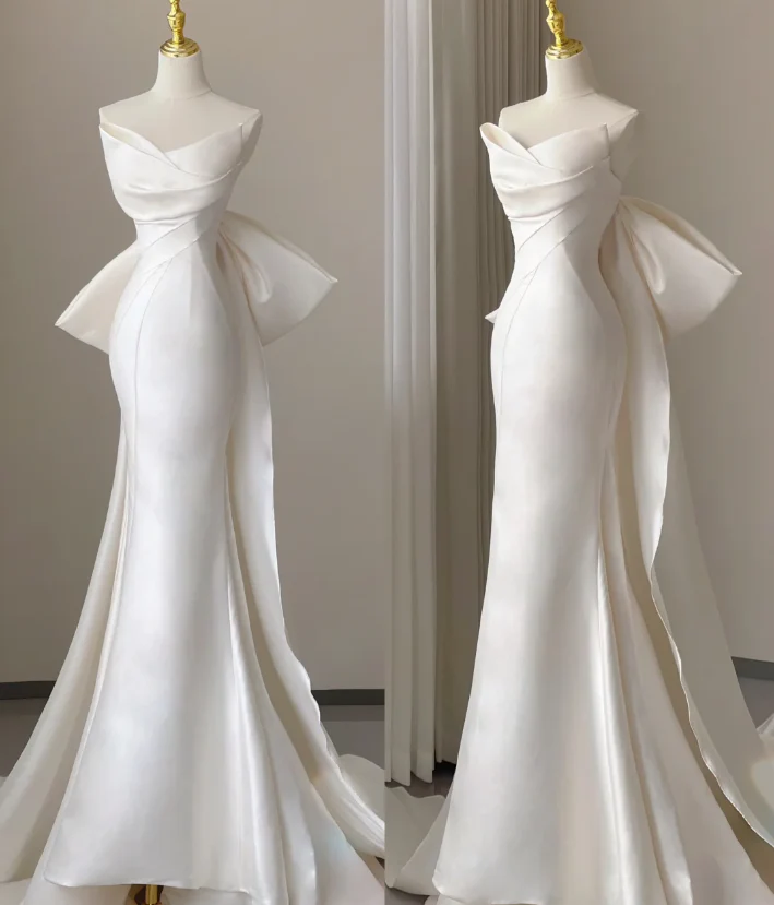 Classy Elegant Mermaid Sweetheart White Satin Wedding Dresses Brides Dress DP447 - Deanwangkt