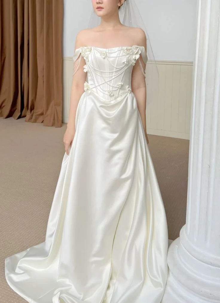 Timeless Bridal Gown A Line Off The Shoulder Satin Short Sleeves Wedding Dresses Elegant Bridal Gowns DH899 - Deanwangkt