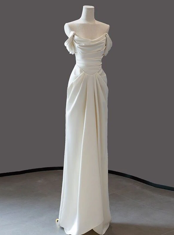 Simple Ivory Satin Off the Shoulder Pleats Wedding Dresses Summer Wedding Dress DP614 - Deanwangkt