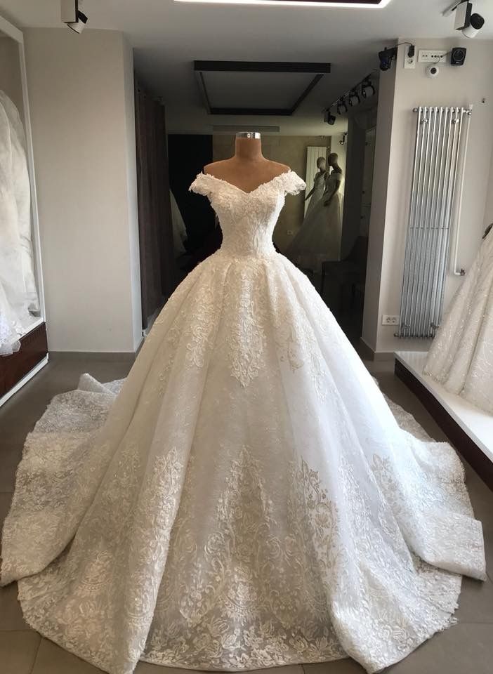 Unique Bridal Gown Ball Gown Off The Shoulder White Short Sleeves Lace Wedding Dresses Pretty Bridal Gowns DH1218 - Deanwangkt
