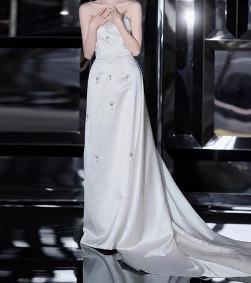 Timeless Bridal Gown Sheath Strapless Satin Sleeveless White Wedding Dresses Elegant Bridal Gowns DH914 - Deanwangkt