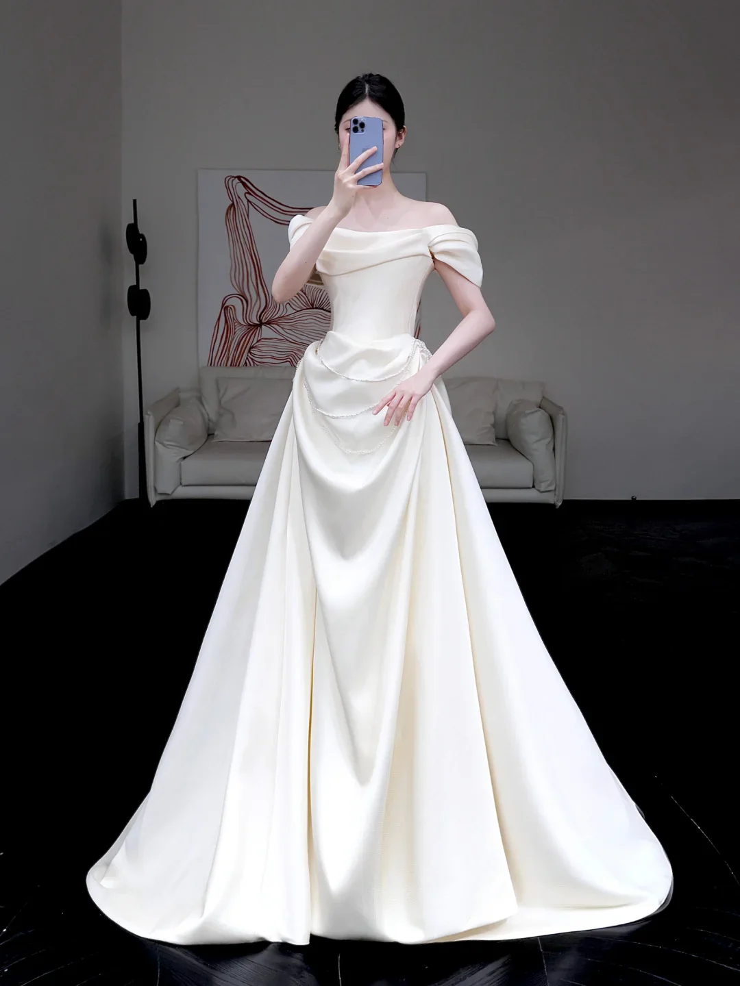 Classy Elegant A Line Off The Shoulder White Satin Long Wedding Dress Brides Dress DP644 - Deanwangkt