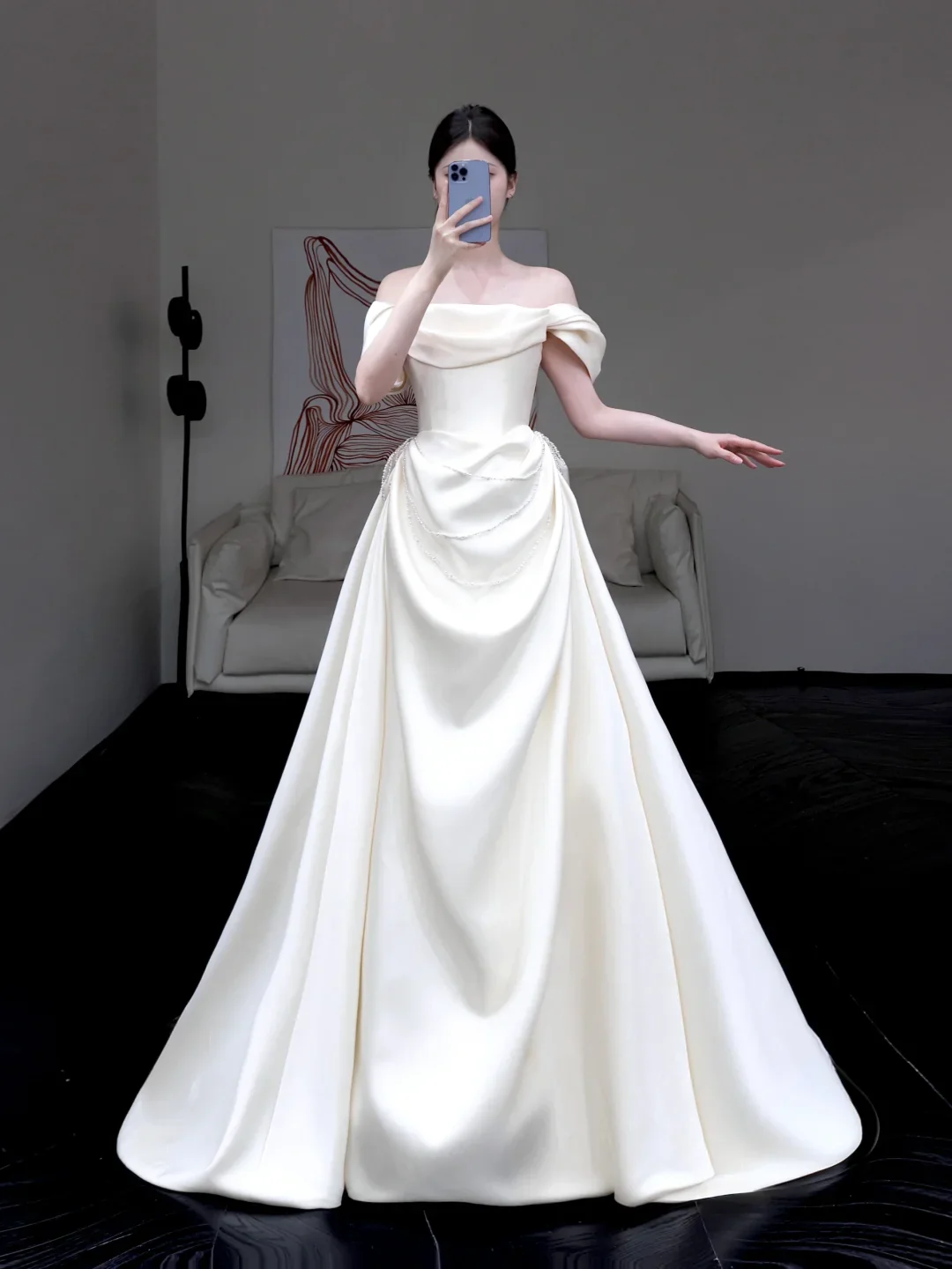 Classy Elegant A Line Off The Shoulder White Satin Long Wedding Dress Brides Dress DP644 - Deanwangkt